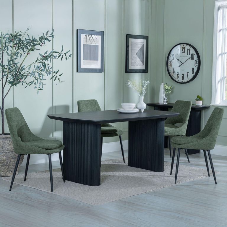 Bern Fluted Dining Set - 6 Seater - 160cm - Black - Peyton Dining Chairs - Green Fabric