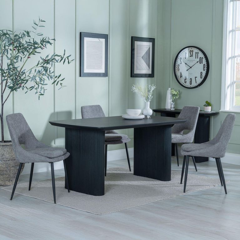 Bern Fluted Dining Set - 6 Seater - 160cm - Black - Peyton Dining Chairs - Grey Fabric