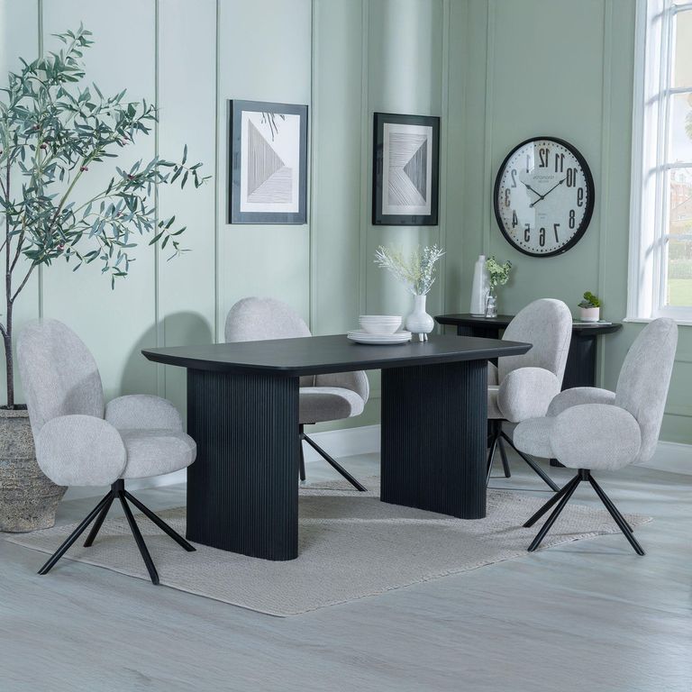 Bern Fluted Dining Set - 6 Seater - 160cm - Black - Theo Swivel Dining Chairs - Grey Fabric
