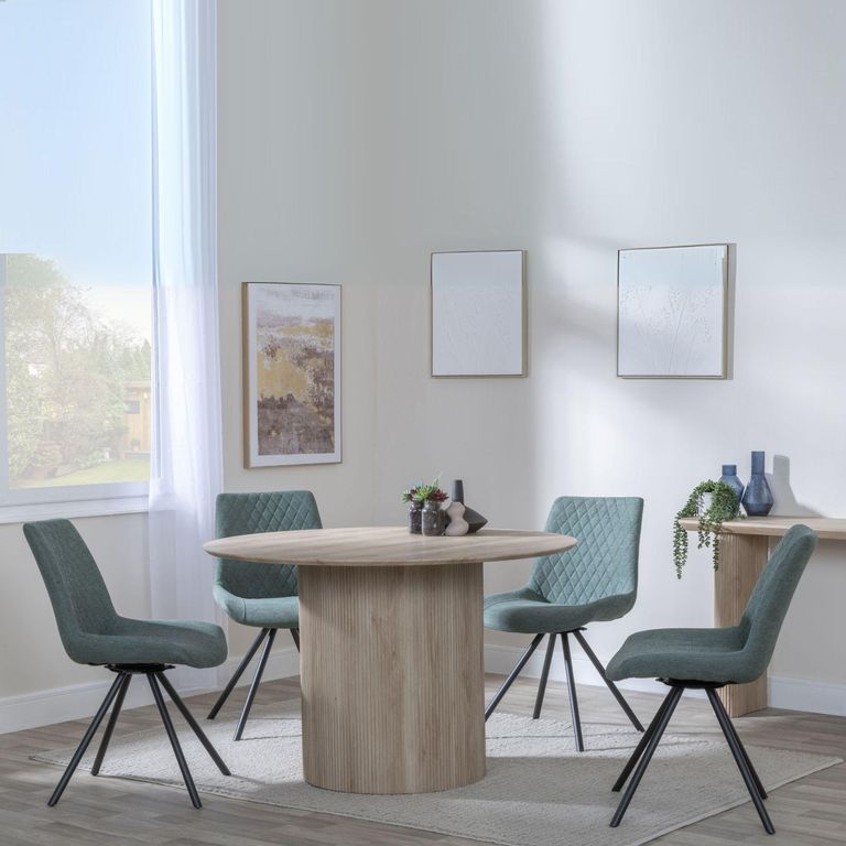 Bern Fluted Oak Effect 4 Seater Round Dining Set - 4 Boden Green Fabric Swivel Dining Chair