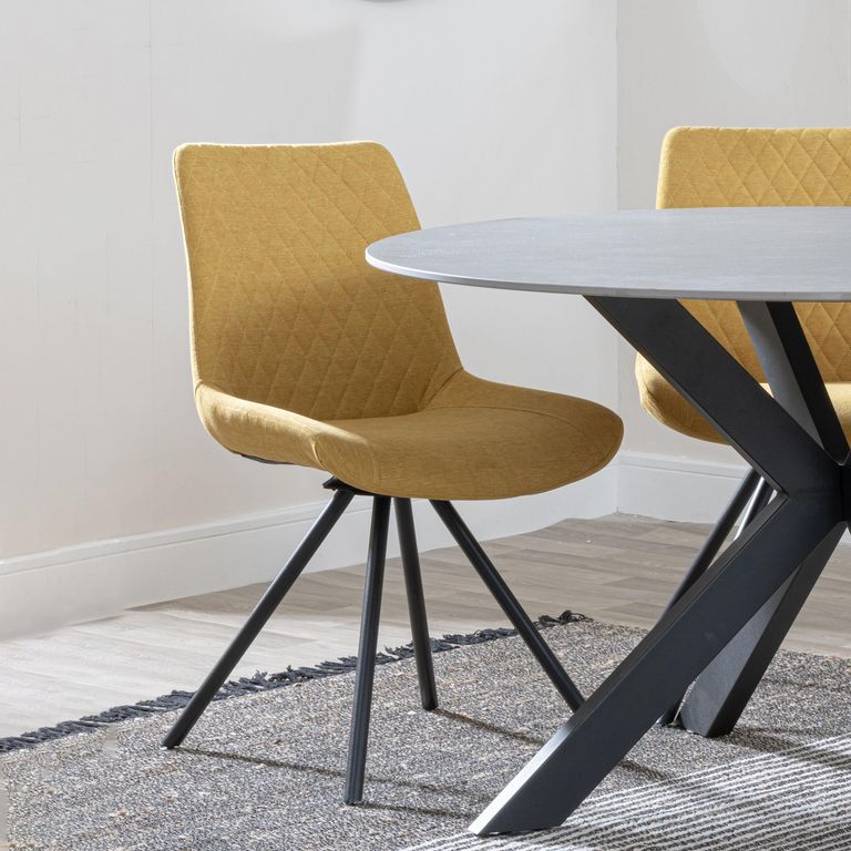 Bern Fluted Oak Effect 4 Seater Round Dining Set - 4 Boden Yellow Fabric Swivel Dining Chair