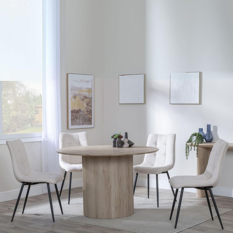 Bern Fluted Oak Effect 4 Seater Round Dining Set - 4 Corona Beige Fabric Chairs