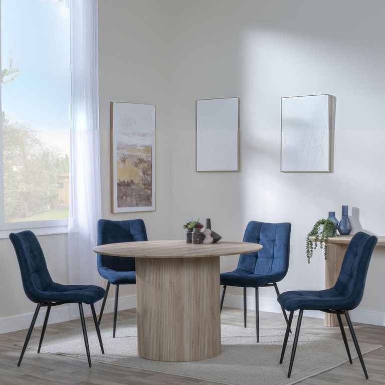 Bern Fluted Oak Effect 4 Seater Round Dining Set - 4 Corona Blue Fabric Chairs