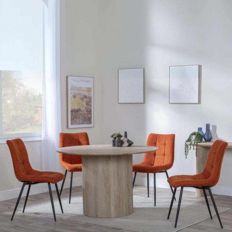Bern Fluted Oak Effect 4 Seater Round Dining Set - 4 Corona Orange Fabric Chairs