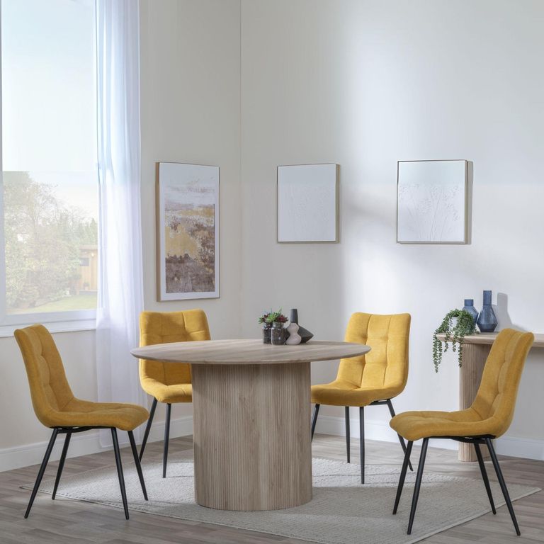 Bern Fluted Oak Effect 4 Seater Round Dining Set - 4 Corona Yellow Fabric Chairs