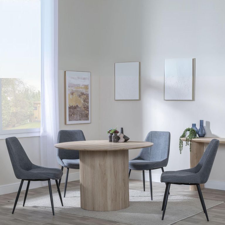 Bern Fluted Oak Effect 4 Seater Round Dining Set - 4 Darwin Grey Fabric Dining Chair