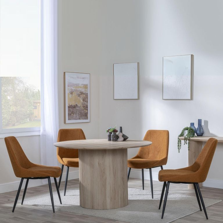 Bern Fluted Oak Effect 4 Seater Round Dining Set - 4 Darwin Orange Fabric Dining Chair