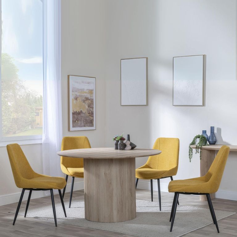 Bern Fluted Oak Effect 4 Seater Round Dining Set - 4 Darwin Yellow Fabric Dining Chair
