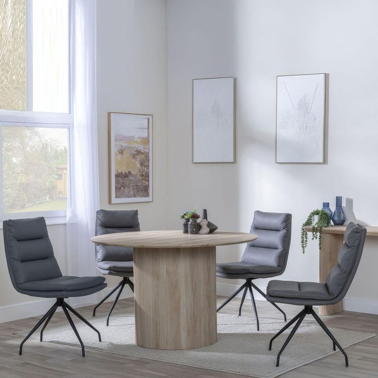 Bern Fluted Oak Effect 4 Seater Round Dining Set - 4 Diego Grey Leather Swivel Dining Chair