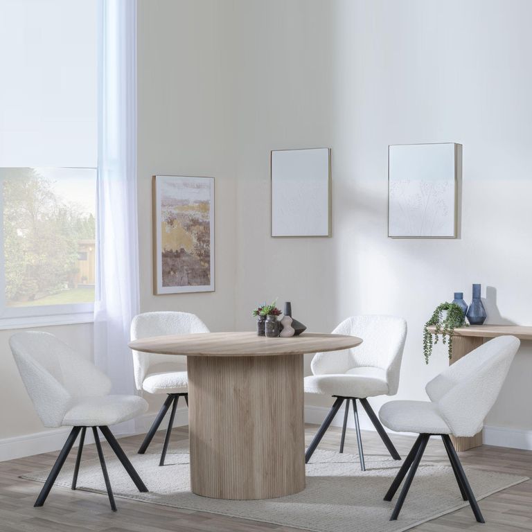 Bern Fluted Oak Effect 4 Seater Round Dining Set - 4 Ion Cream Boucle Teddy Fabric Swivel Dining Chair