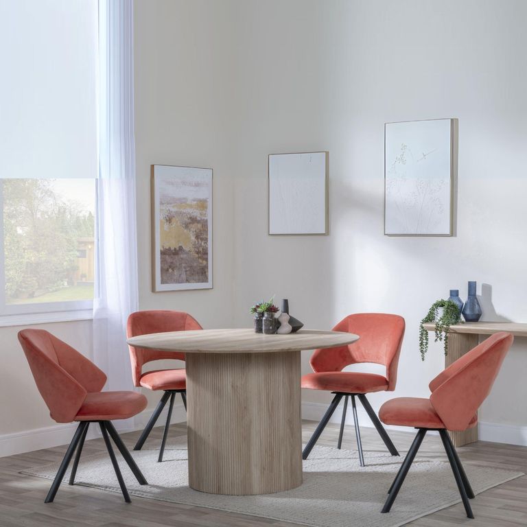 Bern Fluted Oak Effect 4 Seater Round Dining Set - 4 Ion Orange Velvet Fabric Swivel Dining Chair