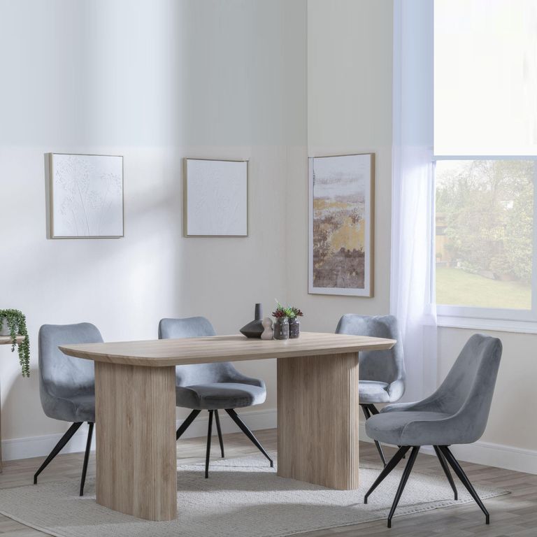 Bern Fluted Oak Effect Dining Set - Arctic Grey Velvet Fabric Swivel Dining Chair