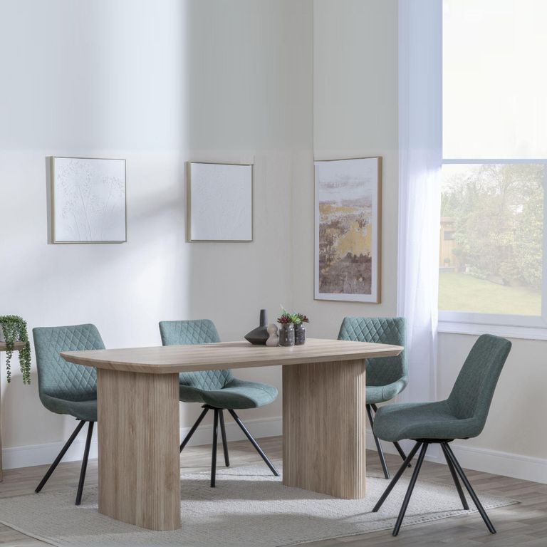 Bern Fluted Oak Effect Dining Set - Boden Green Fabric Swivel Dining Chair