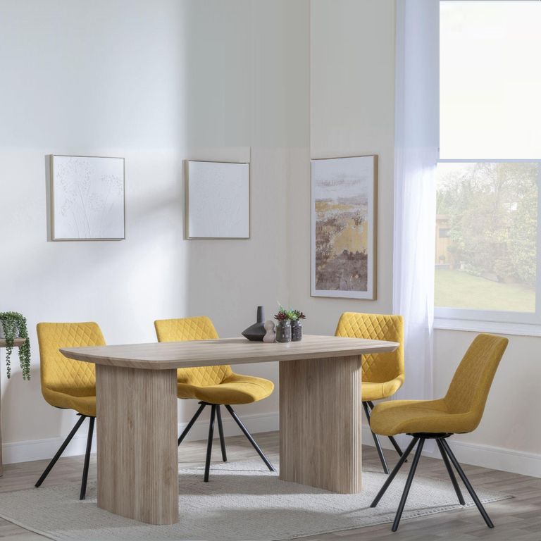 Bern Fluted Oak Effect Dining Set - Boden Yellow Fabric Swivel Dining Chair