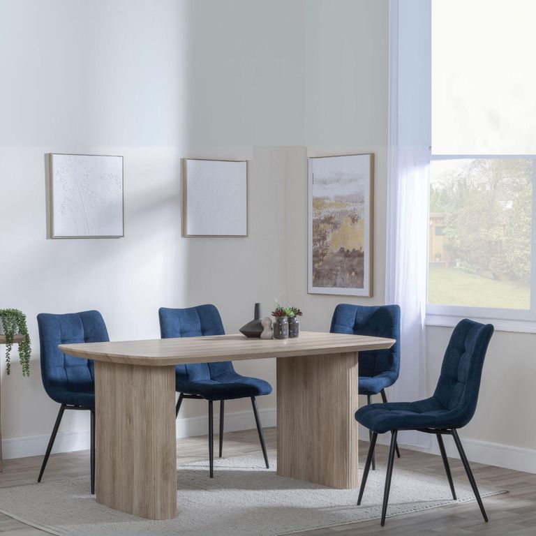 Bern Fluted Oak Effect Dining Set - Corona Blue Fabric Chairs