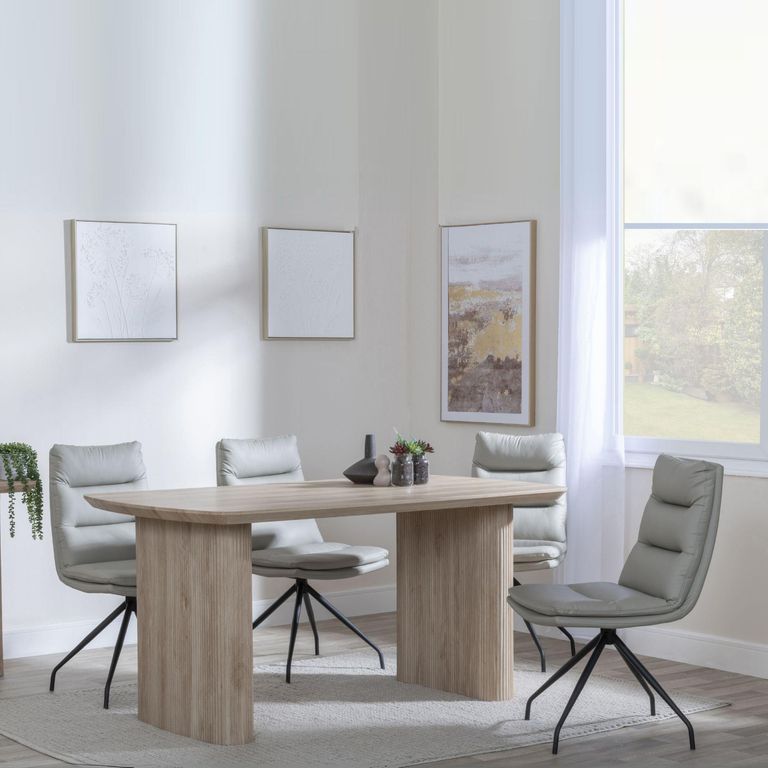 Bern Fluted Dining Set - 6 Seater - 160cm - Oak - Diego Swivel Dining Chairs - Beige Leather