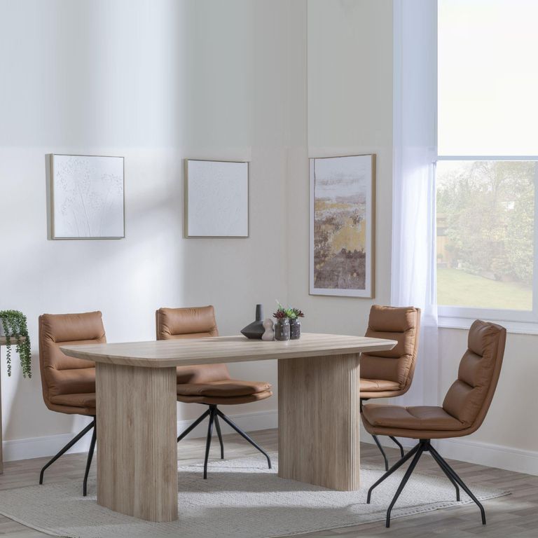 Bern Fluted Dining Set - 6 Seater - 160cm - Oak - Diego Swivel Dining Chairs - Brown Leather