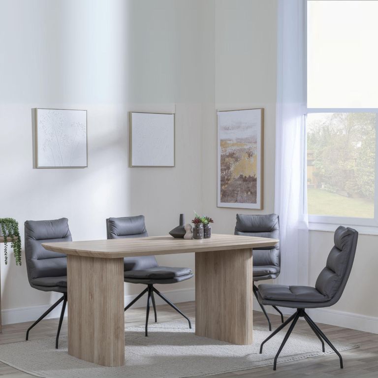Bern Fluted Dining Set - 6 Seater - 160cm - Oak - Diego Swivel Dining Chairs - Grey Leather