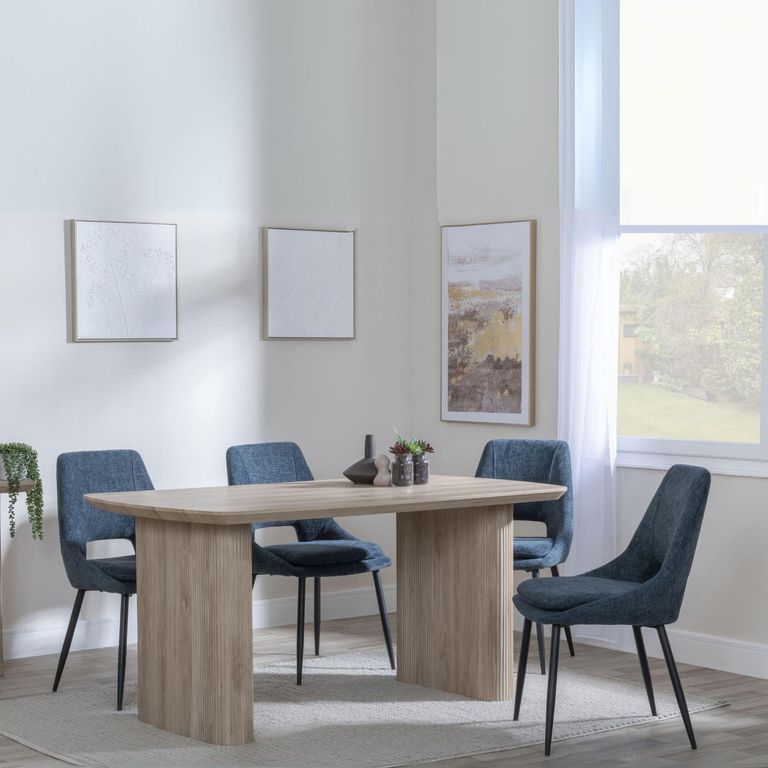 Bern Fluted Dining Set - 6 Seater - 160cm - Oak - Peyton Dining Chairs - Blue Fabric