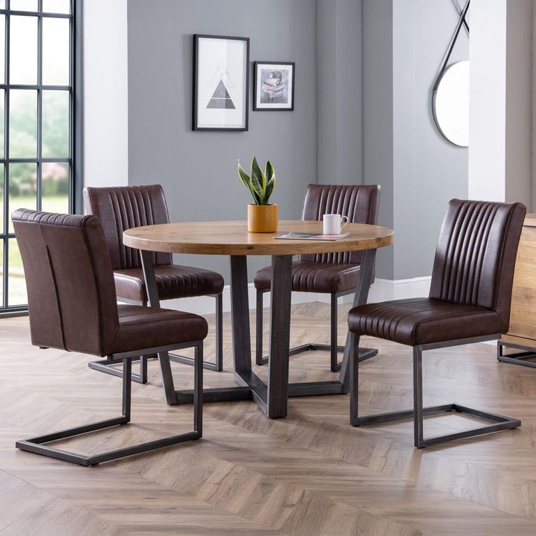 Brooklyn Dining Set - 4 Seater - 120cm - Round - 4 Brown Leather Chairs - Oak