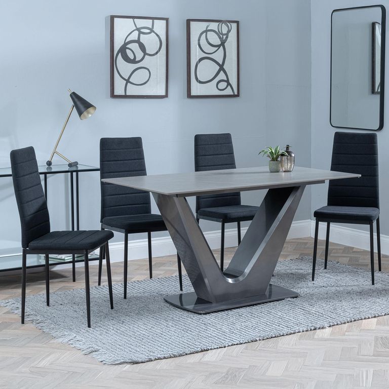 Camilla Grey Ceramic 4 Seater Dining Set - 4 Lido Black Fabric Dining Chair with Black Legs