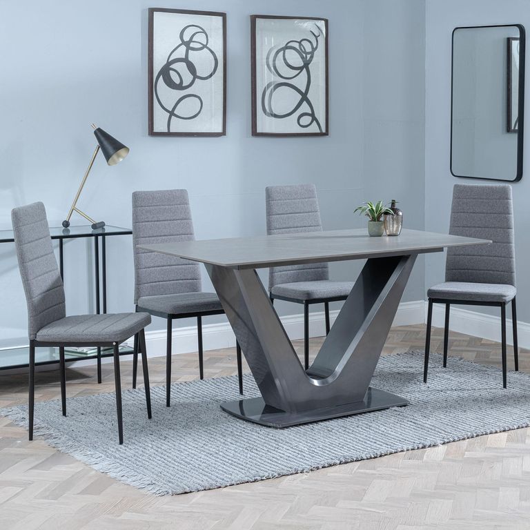 Camilla Grey Ceramic 4 Seater Dining Set - 4 Lido Dark Grey Fabric Dining Chair with Black Legs