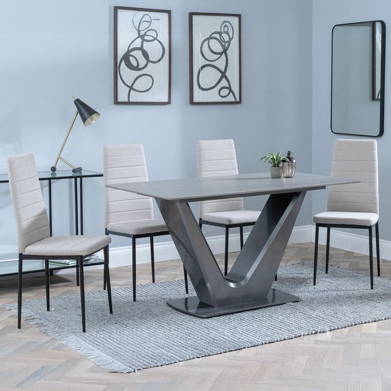 Camilla Grey Ceramic 4 Seater Dining Set - 4 Lido Sand Fabric Dining Chair with Black Legs