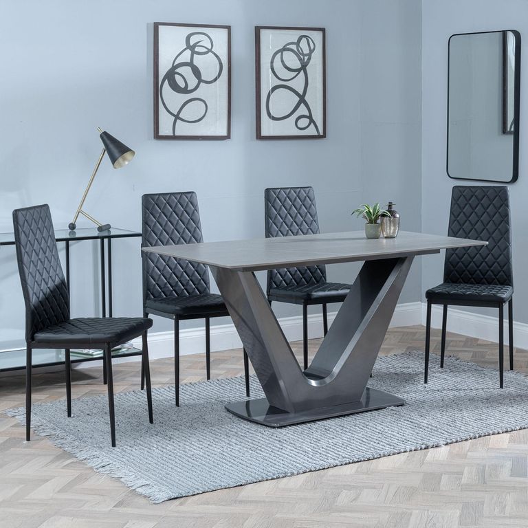 Camilla Grey Ceramic 4 Seater Dining Set - 4 Metro Black Leather Dining Chair with Black Legs