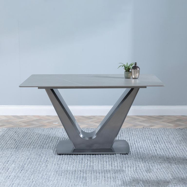 Camilla Grey Ceramic 4 Seater Dining Set - 4 Metro White Leather Dining Chair with Black Legs