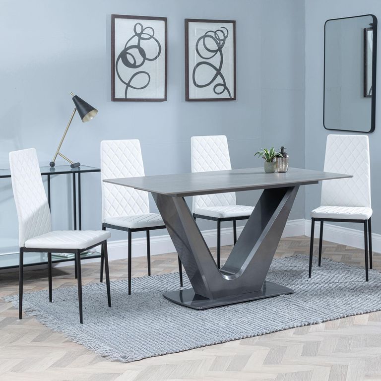 Camilla Grey Ceramic 4 Seater Dining Set - 4 Metro White Leather Dining Chair with Black Legs