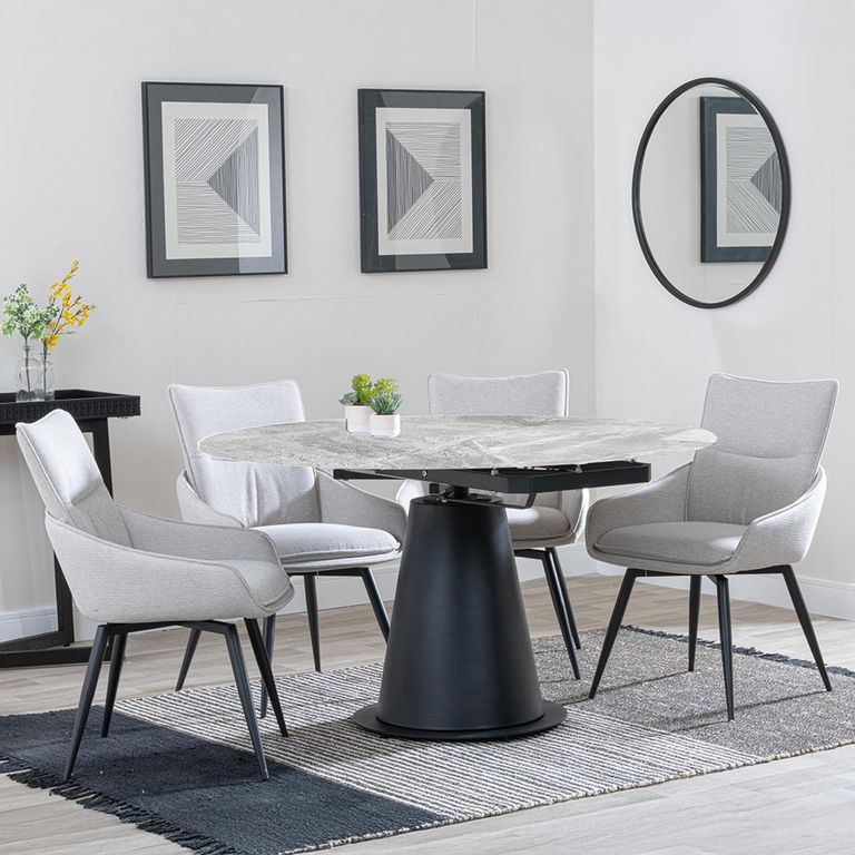 Carrara Grey Ceramic 4 Seater Round Extending Dining Set - 4 Ace Beige Fabric Swivel Dining Chair