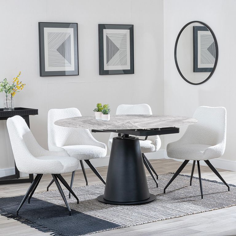 Carrara Grey Ceramic 4 Seater Round Extending Dining Set - 4 Arctic Cream Velvet Fabric Swivel Dining Chair