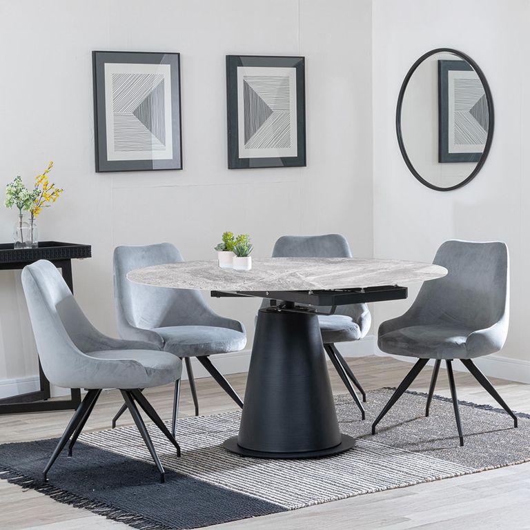 Carrara Grey Ceramic 4 Seater Round Extending Dining Set - 4 Arctic Grey Velvet Fabric Swivel Dining Chair