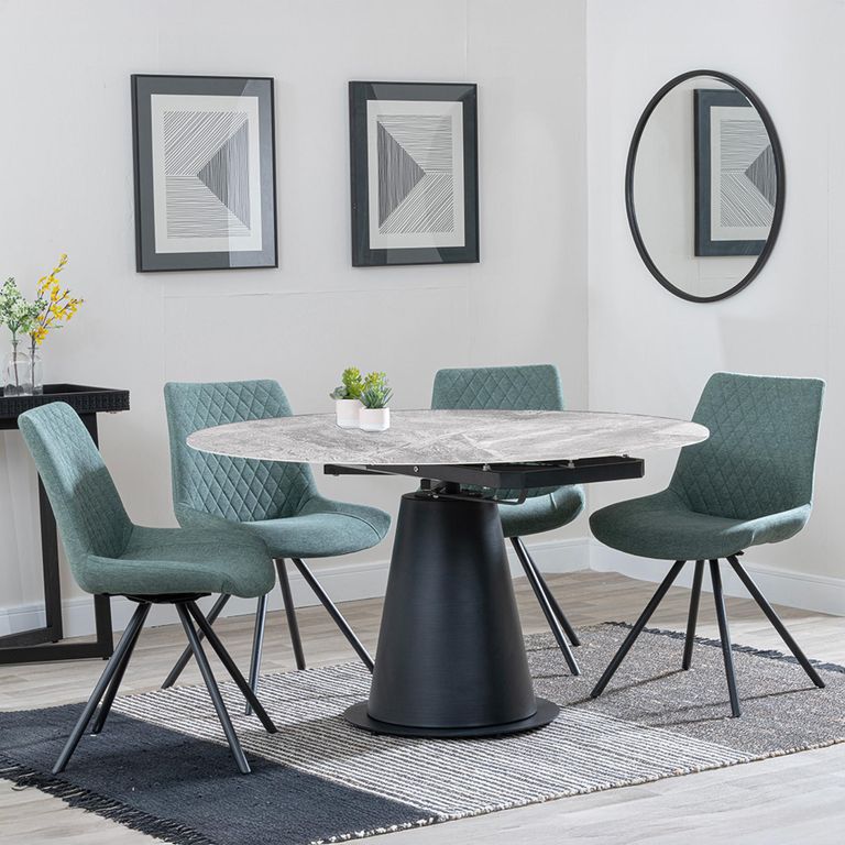 Carrara Grey Ceramic 4 Seater Round Extending Dining Set - 4 Boden Green Fabric Swivel Dining Chair