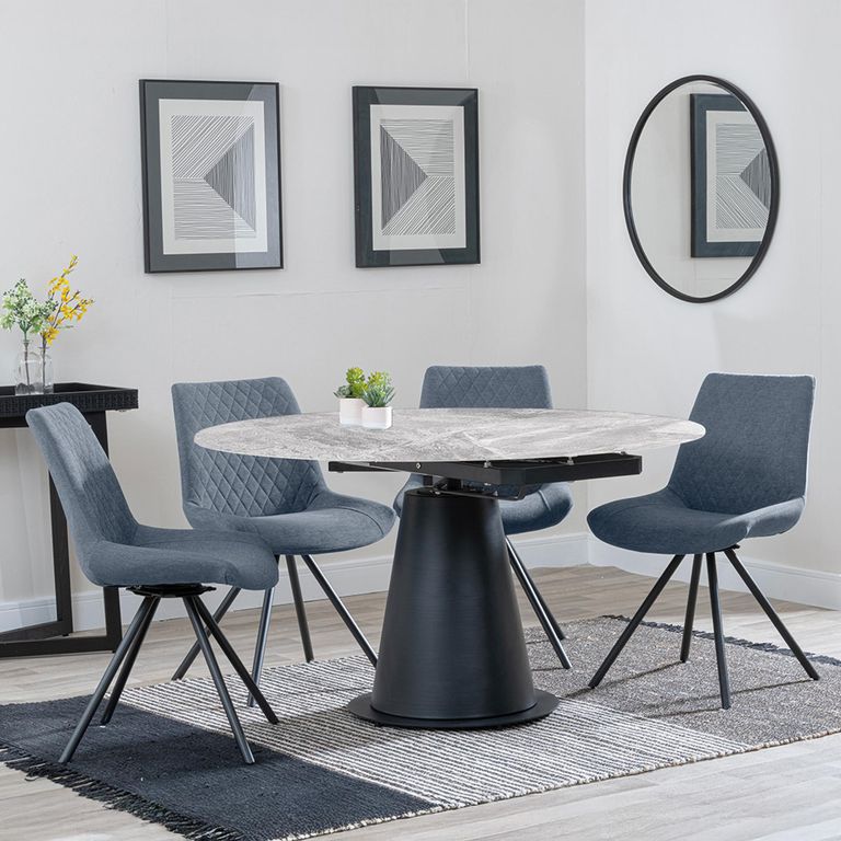 Carrara Grey Ceramic 4 Seater Round Extending Dining Set - 4 Boden Grey Fabric Swivel Dining Chair