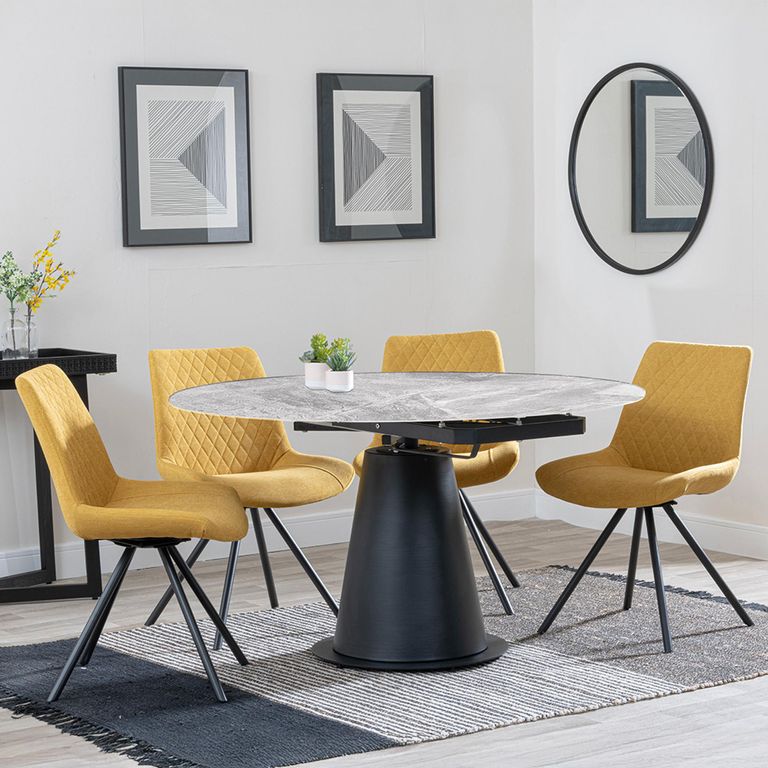 Carrara Grey Ceramic 4 Seater Round Extending Dining Set - 4 Boden Yellow Fabric Swivel Dining Chair