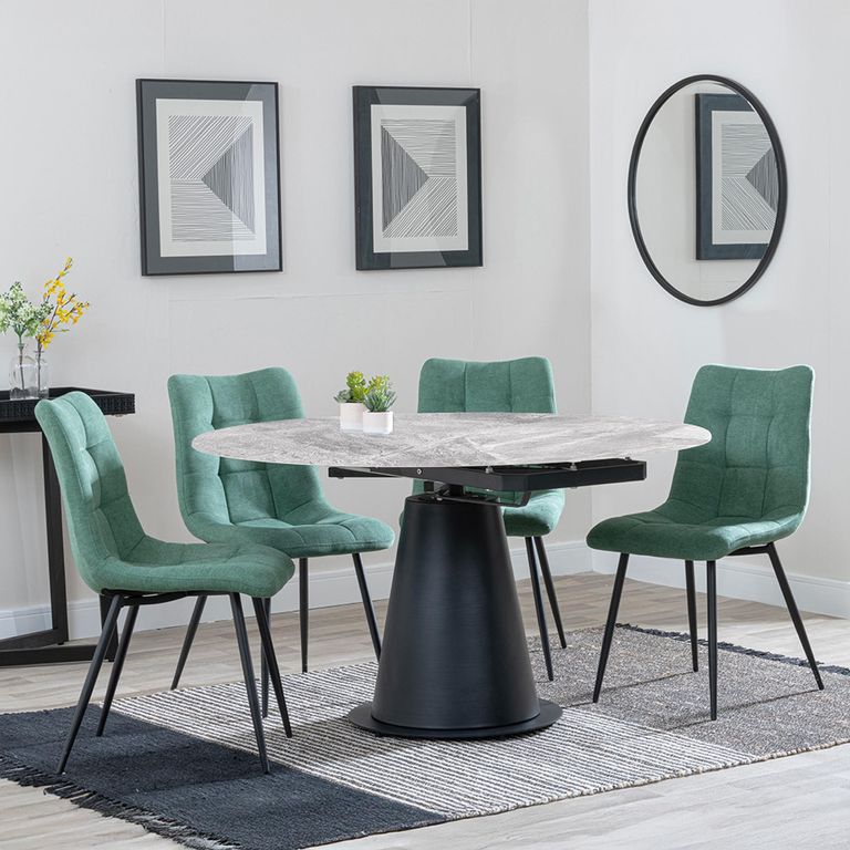 Carrara Grey Ceramic 4 Seater Round Extending Dining Set - 4 Corona Green Fabric Dining Chair
