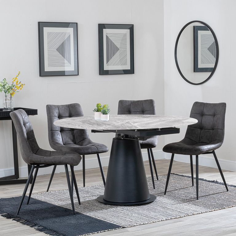 Carrara Grey Ceramic 4 Seater Round Extending Dining Set - 4 Corona Grey Fabric Dining Chair