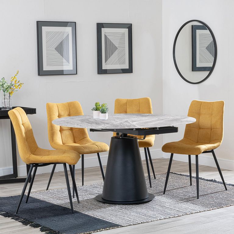 Carrara Grey Ceramic 4 Seater Round Extending Dining Set - 4 Corona Yellow Fabric Dining Chair