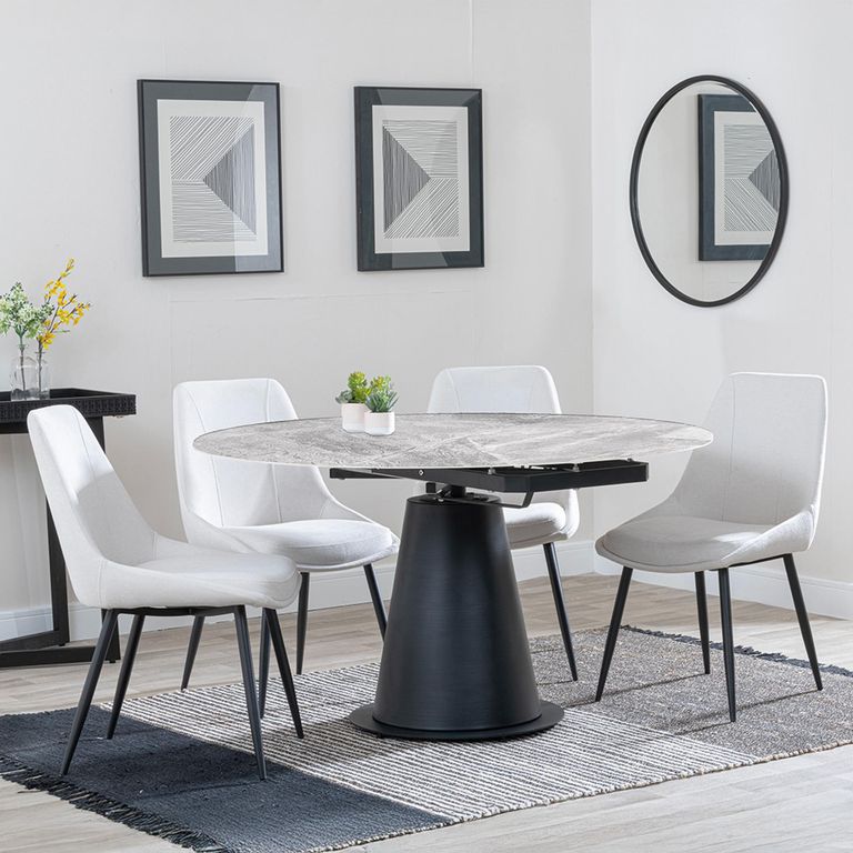 Carrara Grey Ceramic 4 Seater Round Extending Dining Set - 4 Darwin Cream Fabric Dining Chair