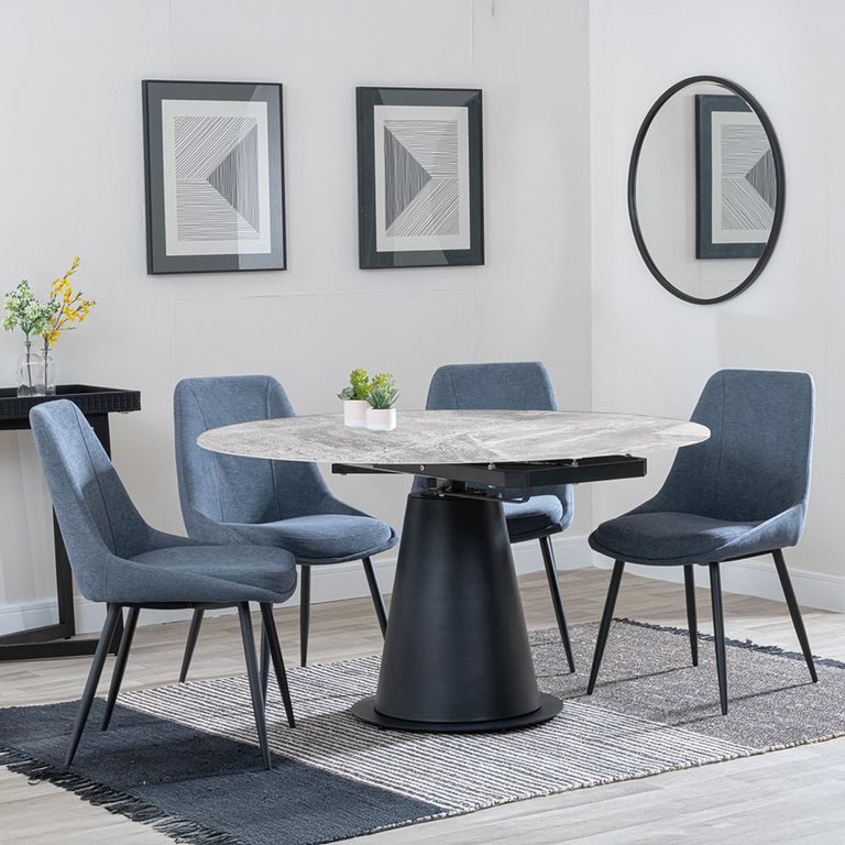 Carrara Grey Ceramic 4 Seater Round Extending Dining Set - 4 Darwin Dark Grey Fabric Dining Chair