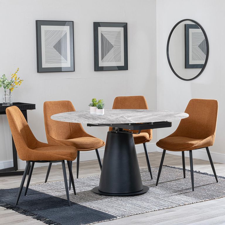 Carrara Grey Ceramic 4 Seater Round Extending Dining Set - 4 Darwin Orange Fabric Dining Chair