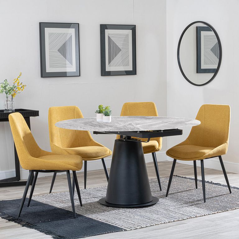 Carrara Grey Ceramic 4 Seater Round Extending Dining Set - 4 Darwin Yellow Fabric Dining Chair