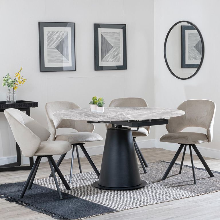 Carrara Dining Set - 4 Seater - 135cm - Round - Grey Ceramic - Extending - 4x Ion Swivel Dining Chairs - Beige Velvet Fabric