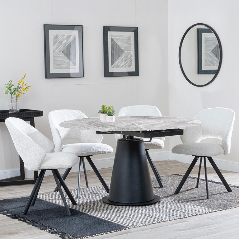 Carrara Dining Set - 4 Seater - 135cm - Round - Grey Ceramic - Extending - 4x Ion Swivel Dining Chairs - Cream Boucle Fabric