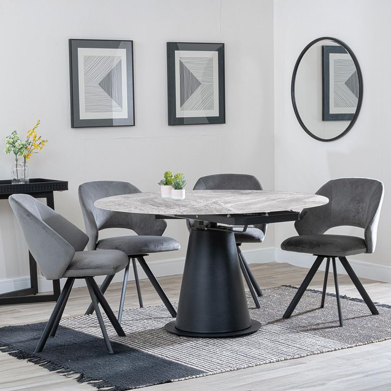 Carrara Dining Set - 4 Seater - 135cm - Round - Grey Ceramic - Extending - 4x Ion Swivel Dining Chairs - Dark Grey Velvet Fabric
