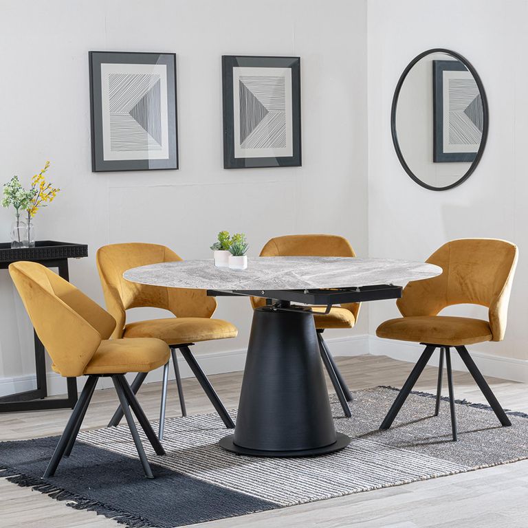 Carrara Dining Set - 4 Seater - 135cm - Round - Grey Ceramic - Extending - 4x Ion Swivel Dining Chairs - Mustard Velvet Fabric