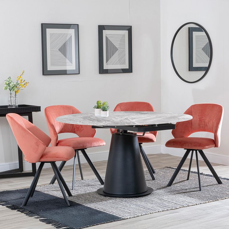 2 x Free Chairs - Carrara Dining Set - 4 Seater - 135cm - Round - Grey Ceramic - Extending - 2x Ion Swivel Dining Chairs - Orange Velvet Fabric