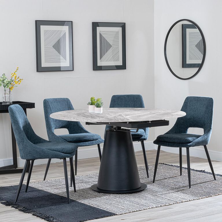 Carrara Dining Set - 4 Seater - 135cm - Round - Grey Ceramic - Extending - 4x Peyton Dining Chairs - Blue Fabric