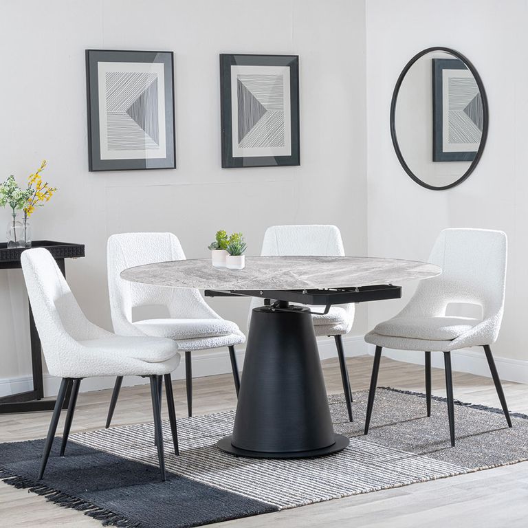 2 x Free Chairs - Carrara Dining Set - 4 Seater - 135cm - Round - Grey Ceramic - Extending - 2x Peyton Dining Chairs - Cream Fabric